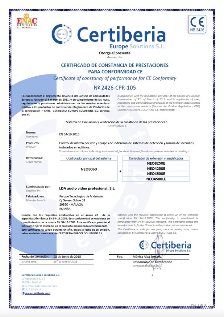 EN 54-16 certificate LDA Audio Tech