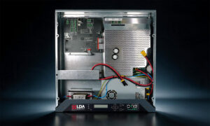Open LDA ONE-150 Mini ONE enclosure showing its internal electronics and backup batteries