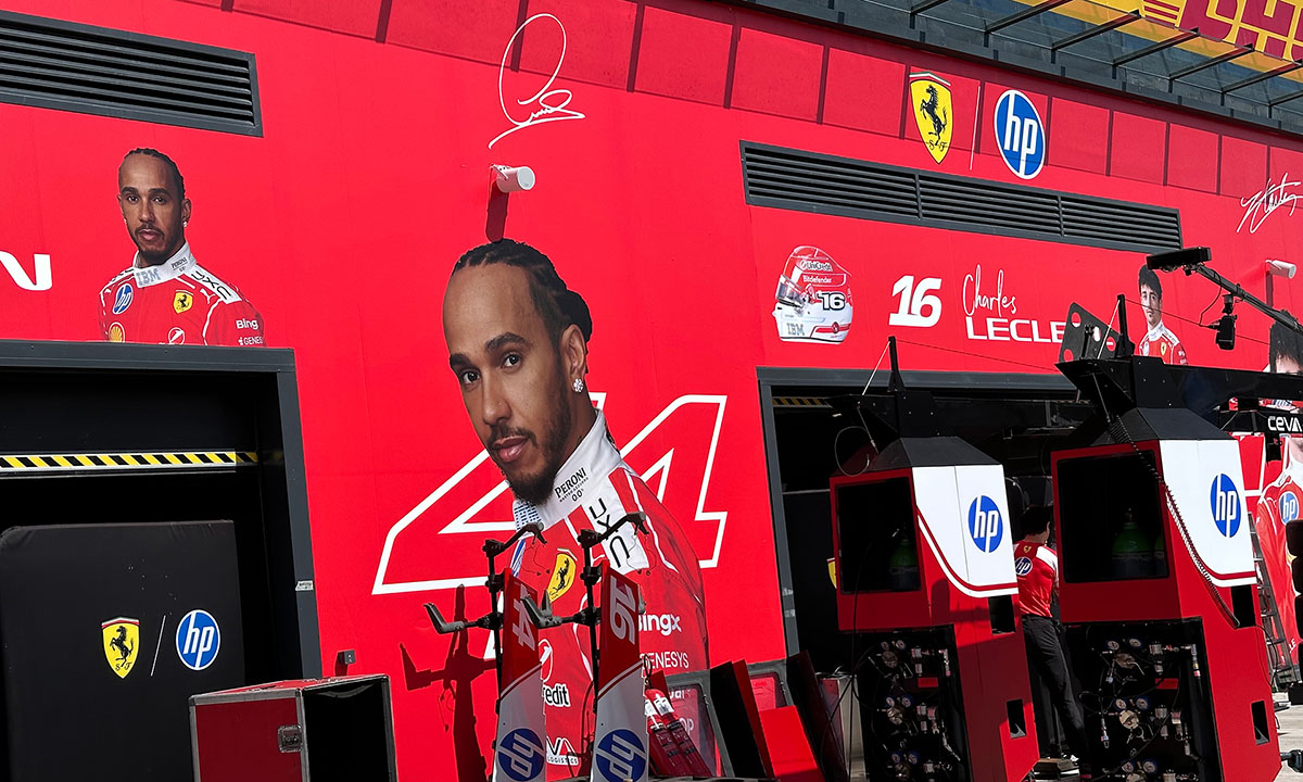 Madring-F1-circuit-LDA-references-04 Ferrari garage frontage with driver portraits at the 2026 Formula 1 Spanish Grand Prix