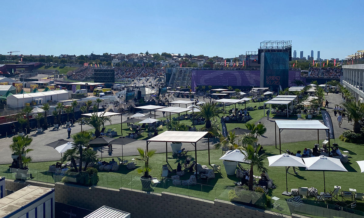 Madring-F1-circuit-LDA-references-10 Landscaped MADRING paddock hospitality area with temporary pavilions, terraces and palm trees